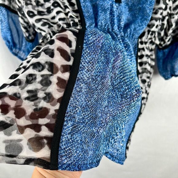 Calvin Klein Animal Print Color Block Flowy Semi-Sheer Blouse Large - Picture 2 of 11
